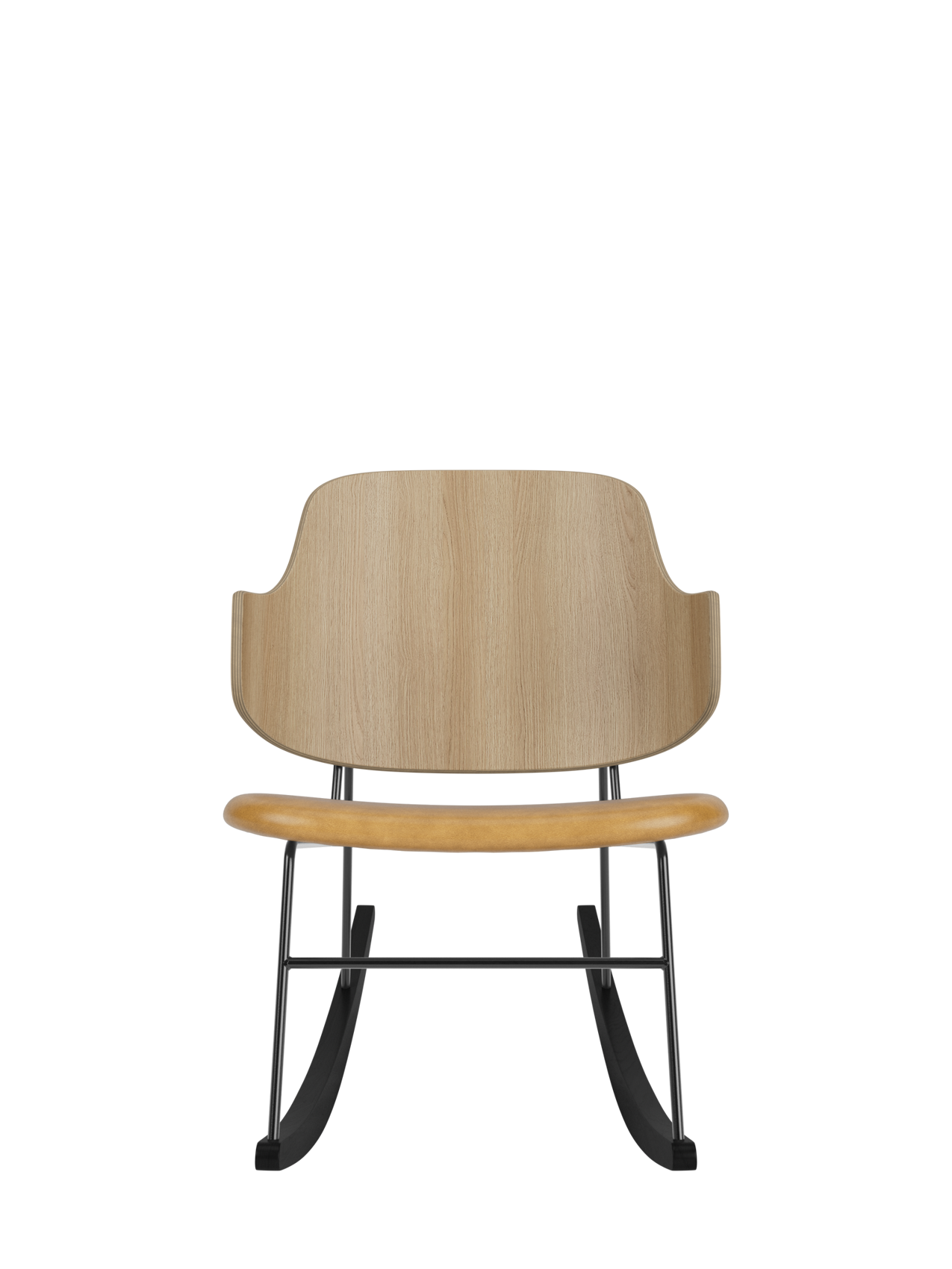 Natural oak backrest and tan leather seat on The Penguin Rocking Chair with a minimalist black steel frame and rockers.