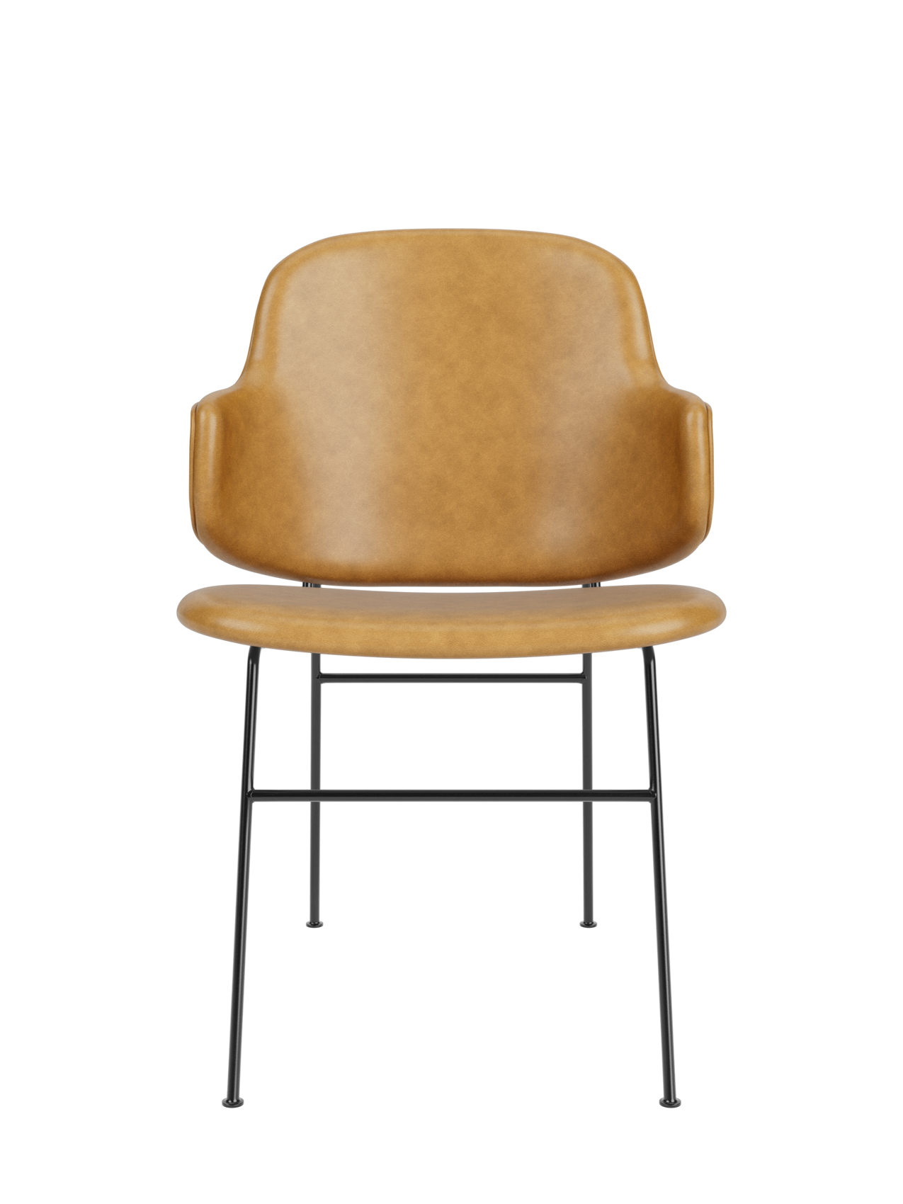 The Penguin Dining Chair in tan upholstery, featuring a mid-century contoured back and slim black steel legs.