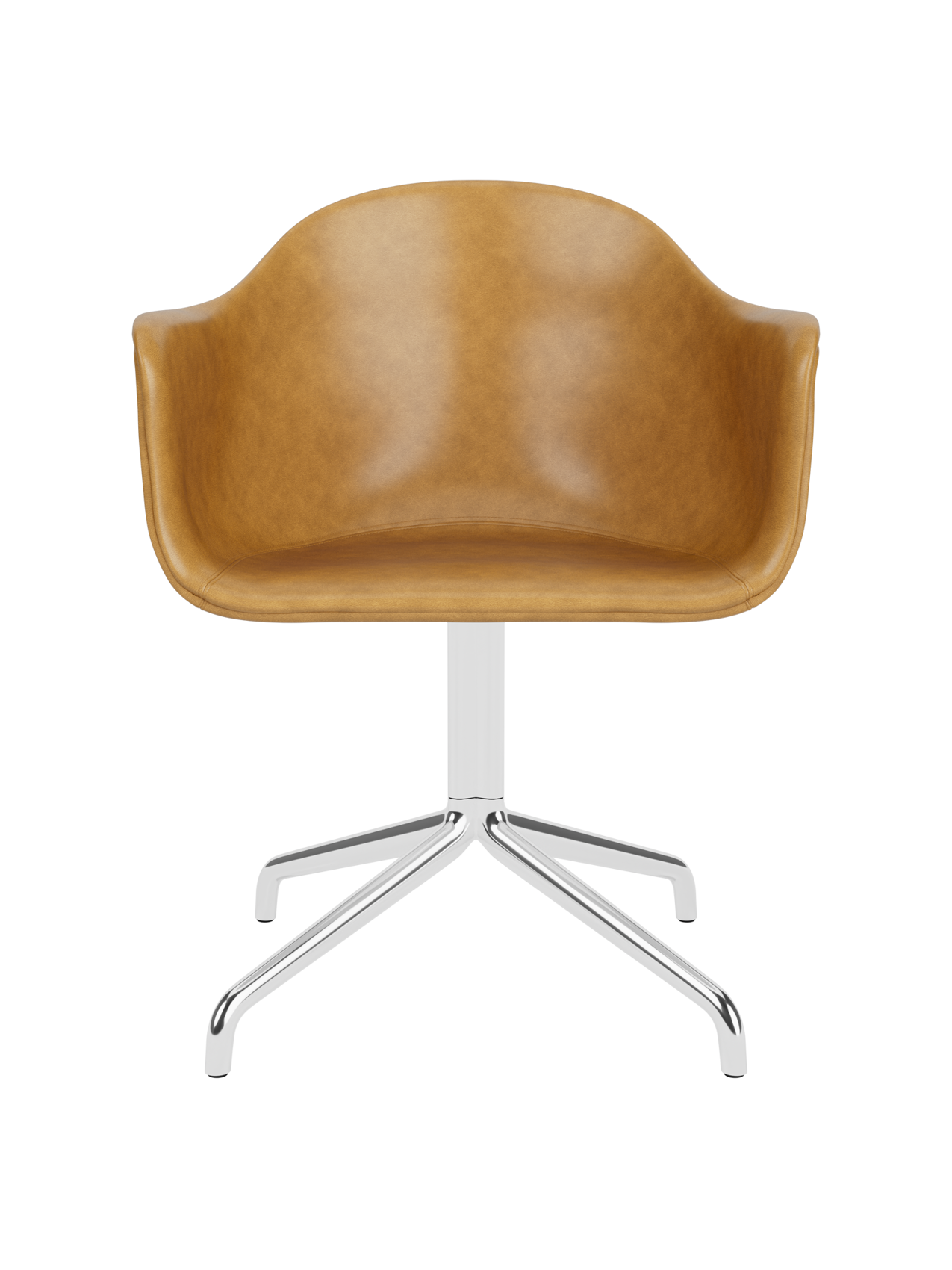 Harbour Dining Chair in tan leather upholstery with a polished aluminium star swivel base.