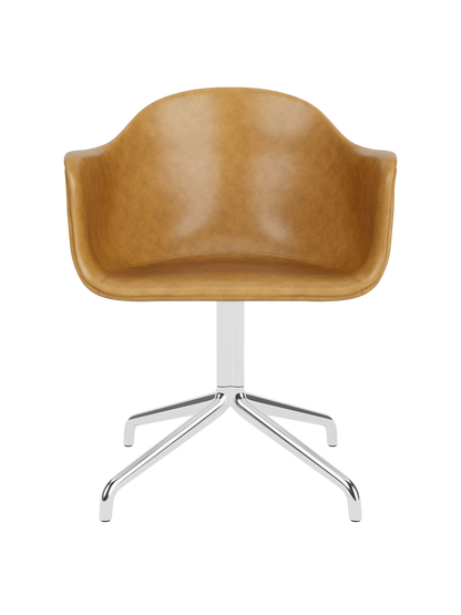 Harbour Dining Chair in tan leather upholstery with a polished aluminium star swivel base.
