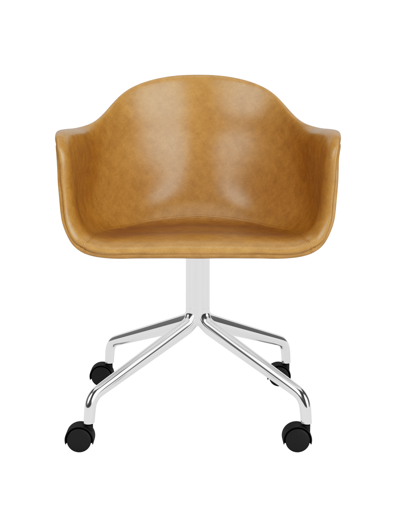 Harbour Dining Chair in tan Dakar leather with a polished aluminium star base and black casters.