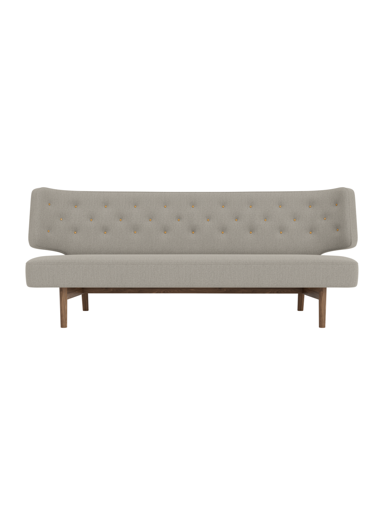 Radiohus Sofa P2 featuring grey Re-wool 218 upholstery, walnut legs and quilted back with Dakar leather buttons.