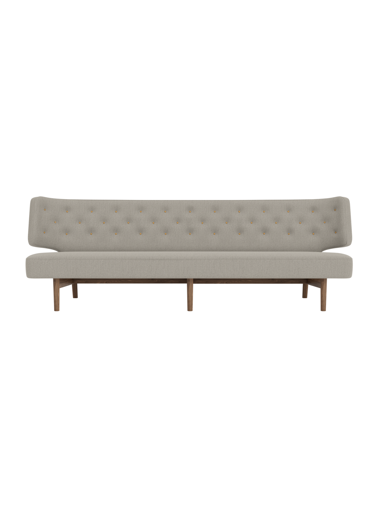 Radiohus Sofa 3-seater in grey Re-wool 218 fabric with a walnut wood base and tan Dakar leather buttons.