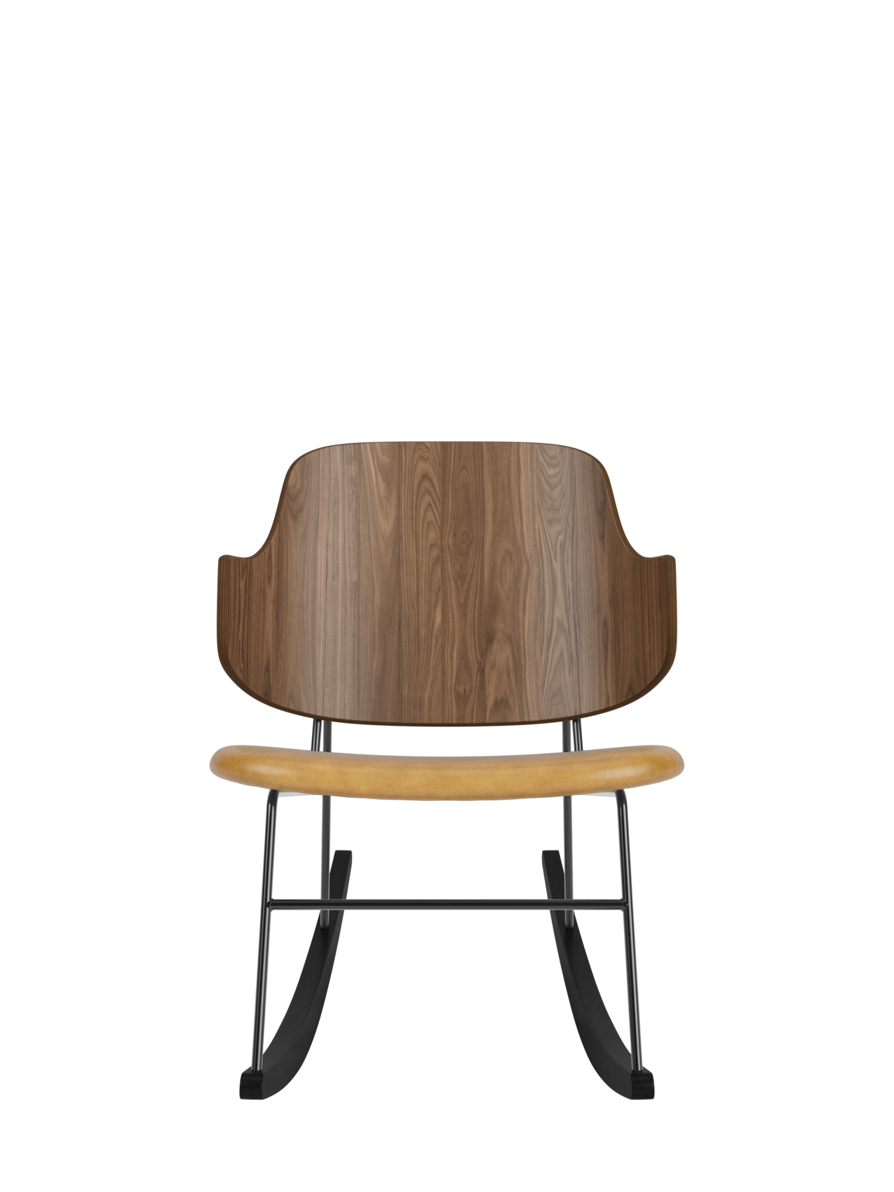 The Penguin Rocking Chair featuring a curved walnut back, tan upholstered seat and black steel frame with ash rockers.