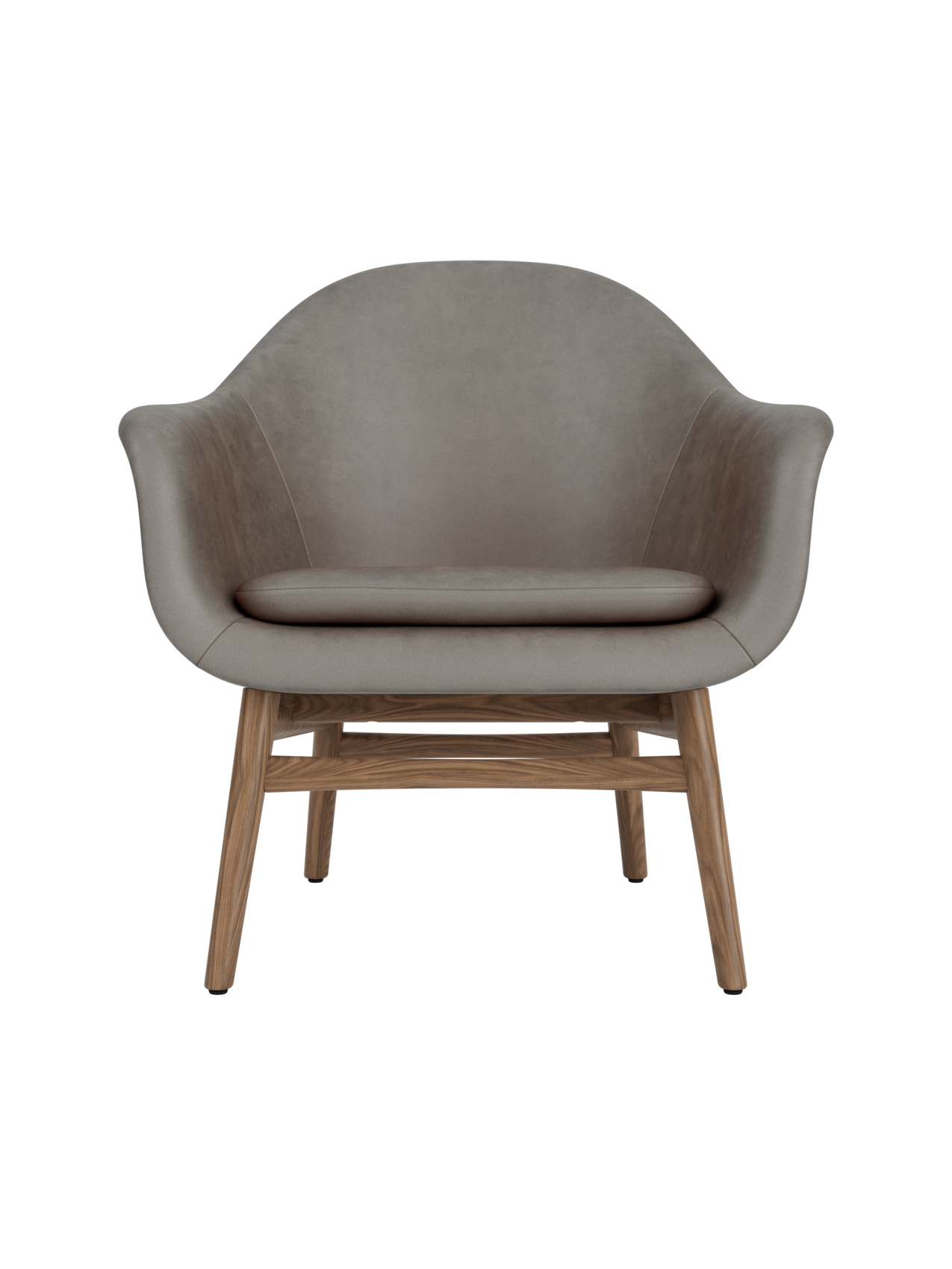 Harbour Lounge Chair featuring a grey Dakar leather shell and solid walnut wood frame with a matching seat cushion.
