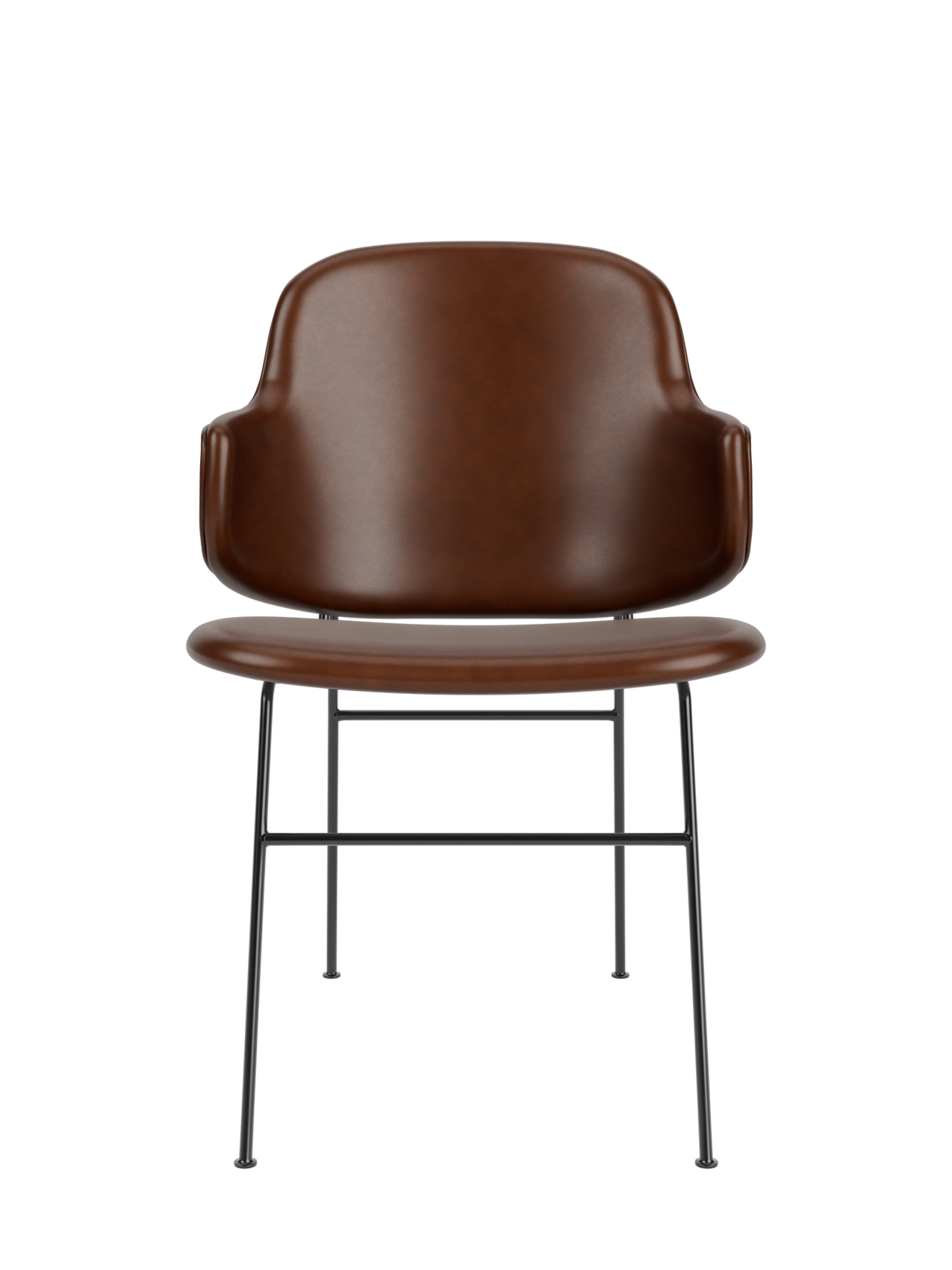 The Penguin Dining Chair, Fully Upholstered, featuring brown Aida 0329 upholstery and slim black steel legs.