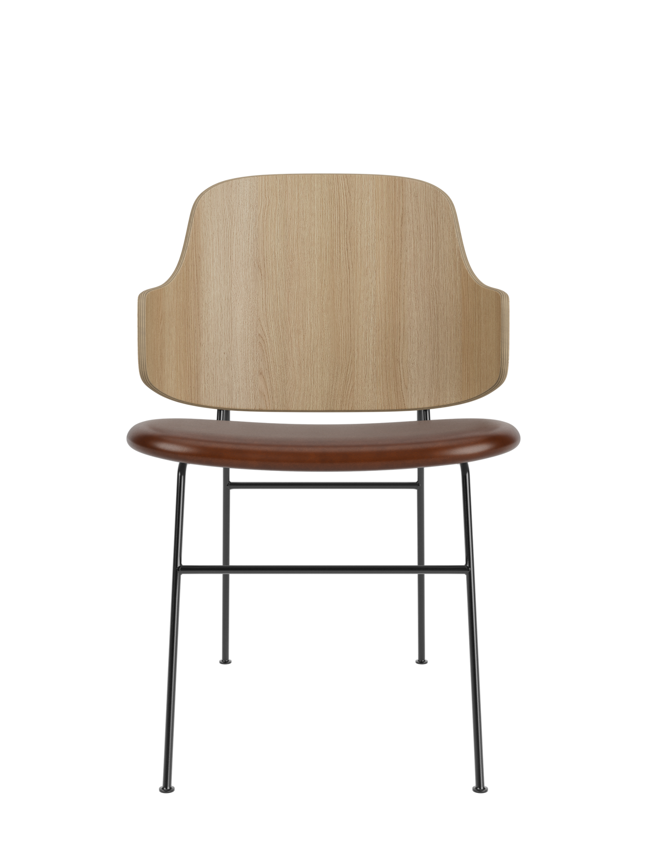 The Penguin Dining Chair with a curved natural oak back and brown leather seat on a slender black steel frame.