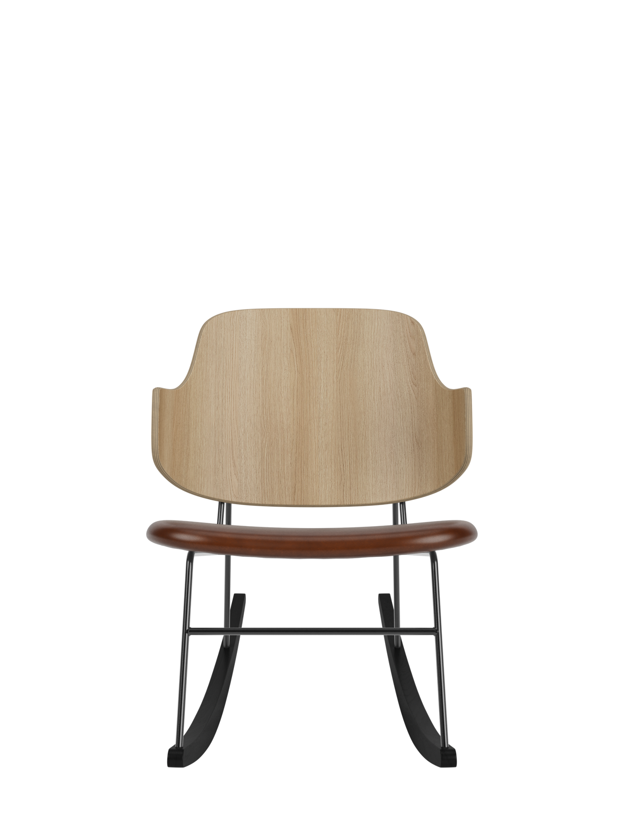 The Penguin Rocking Chair with a curved natural oak back, brown leather seat and black steel frame on rockers.