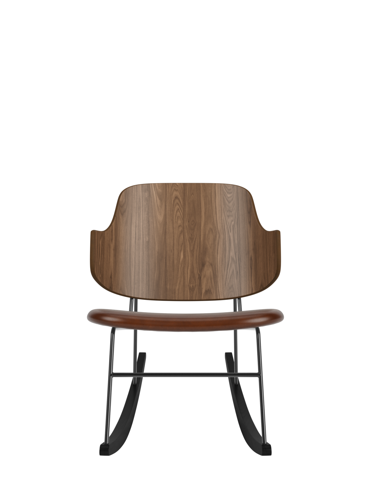 The Penguin Rocking Chair with a walnut veneer back and brown upholstered seat on a black steel frame and rockers.