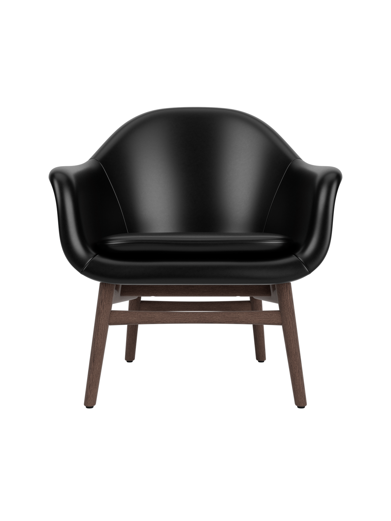 Harbour Lounge Chair in black Dakar 0842 leather with a curved sculptural shell and dark stained oak legs.