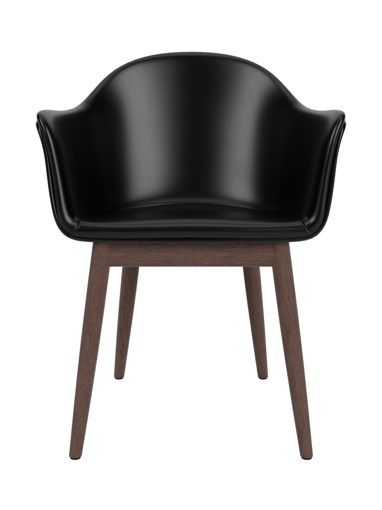 Harbour Dining Chair with a black leather shell and dark stained oak wooden base, viewed from the front.