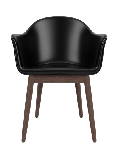 Harbour Dining Chair with a black leather shell and dark stained oak wooden base, viewed from the front.