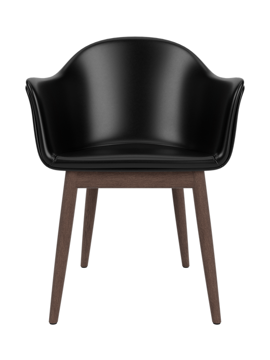 Harbour Dining Chair with a black leather shell and dark stained oak wooden base, viewed from the front.