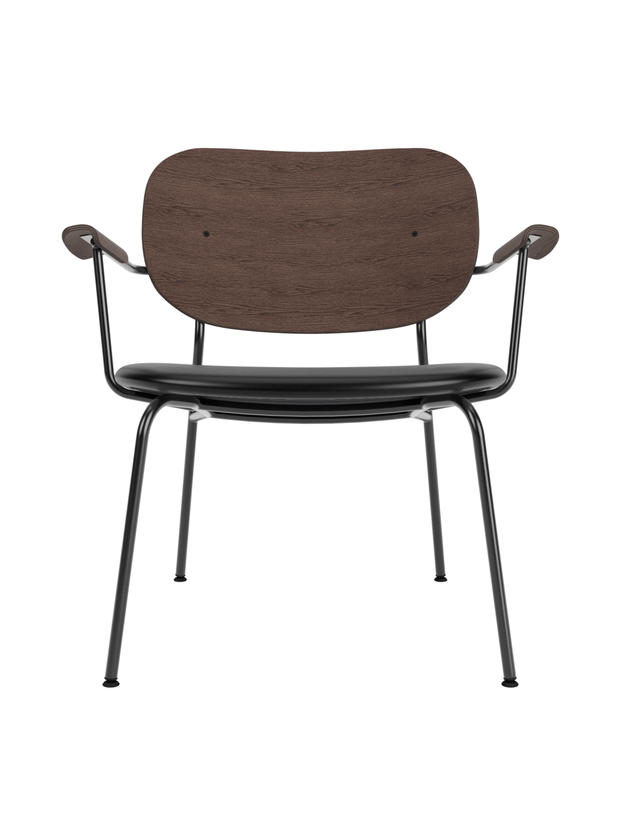 Co Lounge Chair with dark stained oak back, Dakar 0842 upholstered seat and slender black powder-coated steel frame.