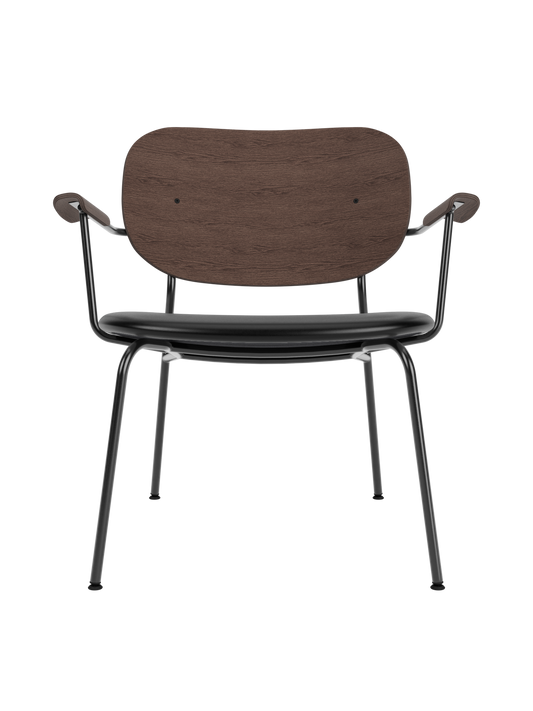 Co Lounge Chair with dark stained oak back, Dakar 0842 upholstered seat and slender black powder-coated steel frame.