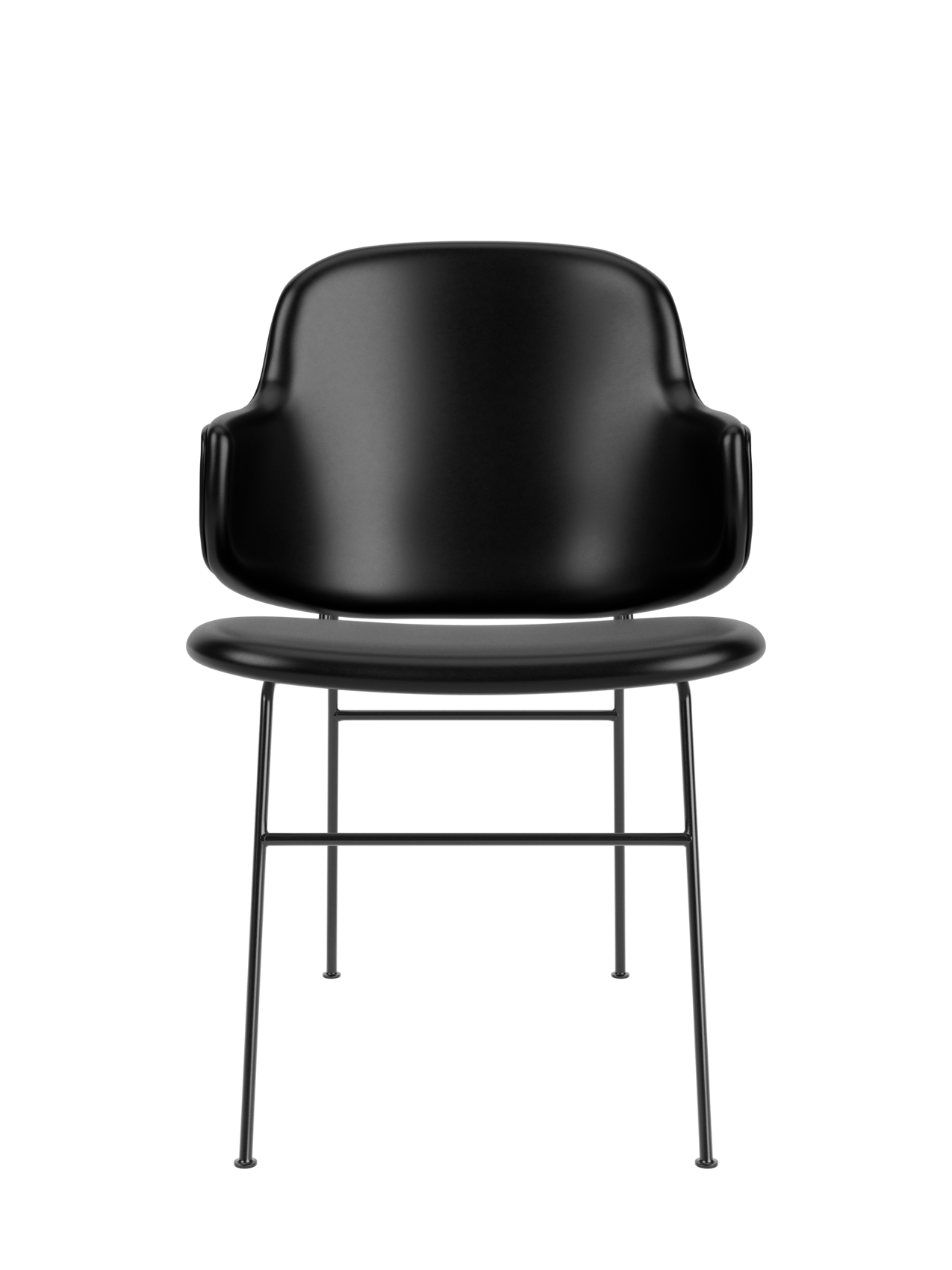 The Penguin Dining Chair in black leather upholstery with a slender black steel frame, designed by Ib Kofod-Larsen.