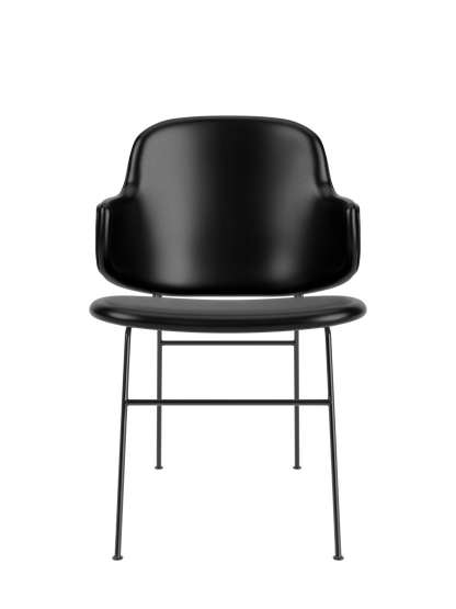 The Penguin Dining Chair in black leather upholstery with a slender black steel frame, designed by Ib Kofod-Larsen.