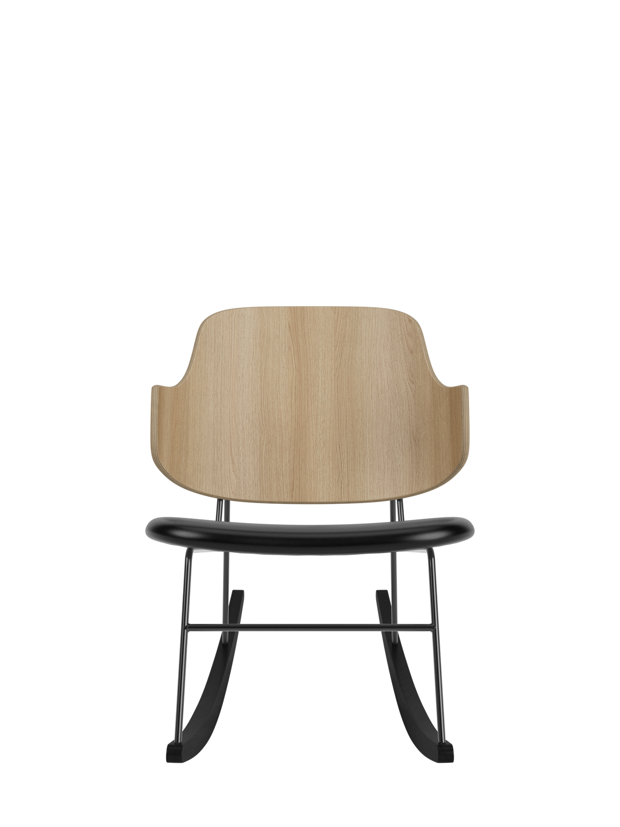 The Penguin Rocking Chair with a curved natural oak back and black leather seat on black steel rockers.