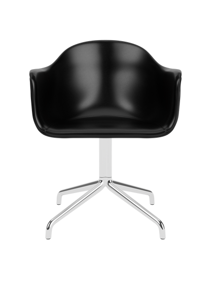 Harbour Dining Chair in black Dakar leather with a polished aluminium star swivel base.