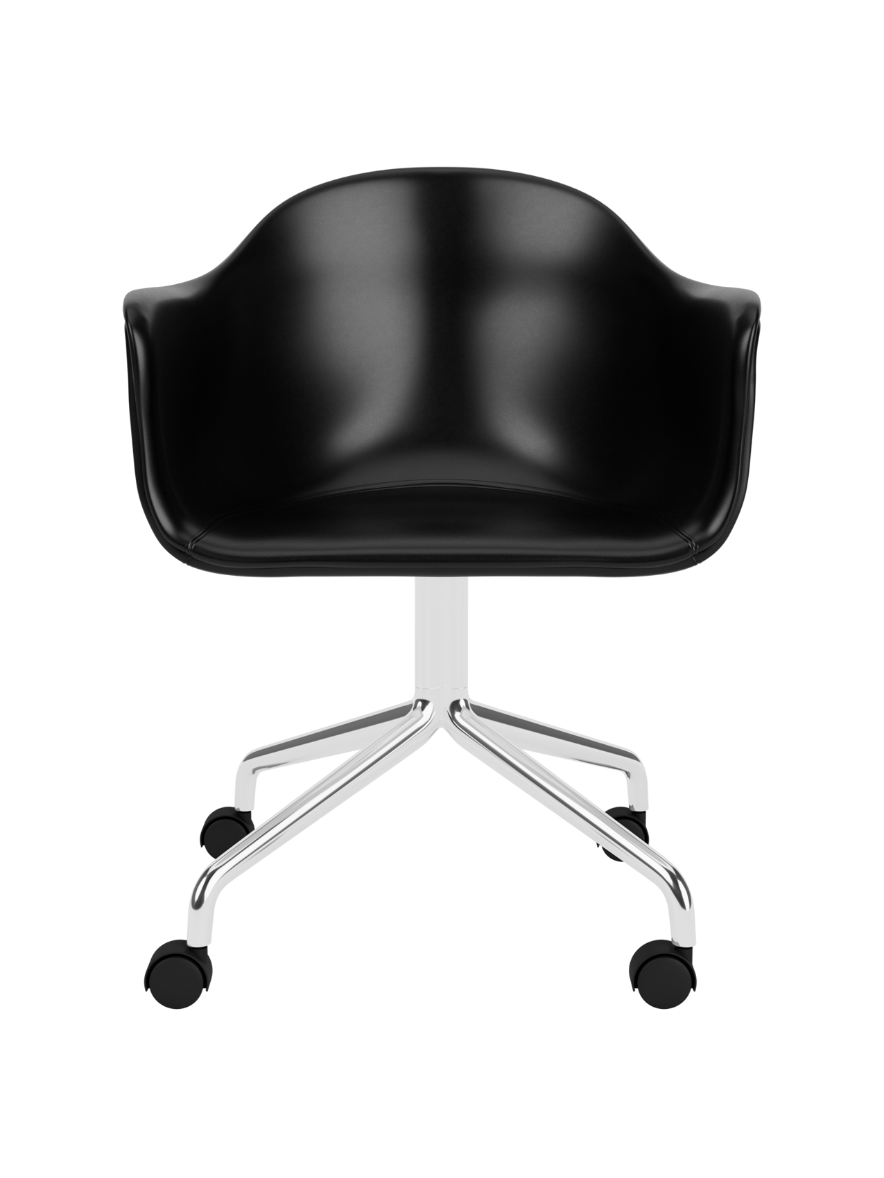 Black leather Harbour Dining Chair featuring a polished aluminium star base with castors against a white background.