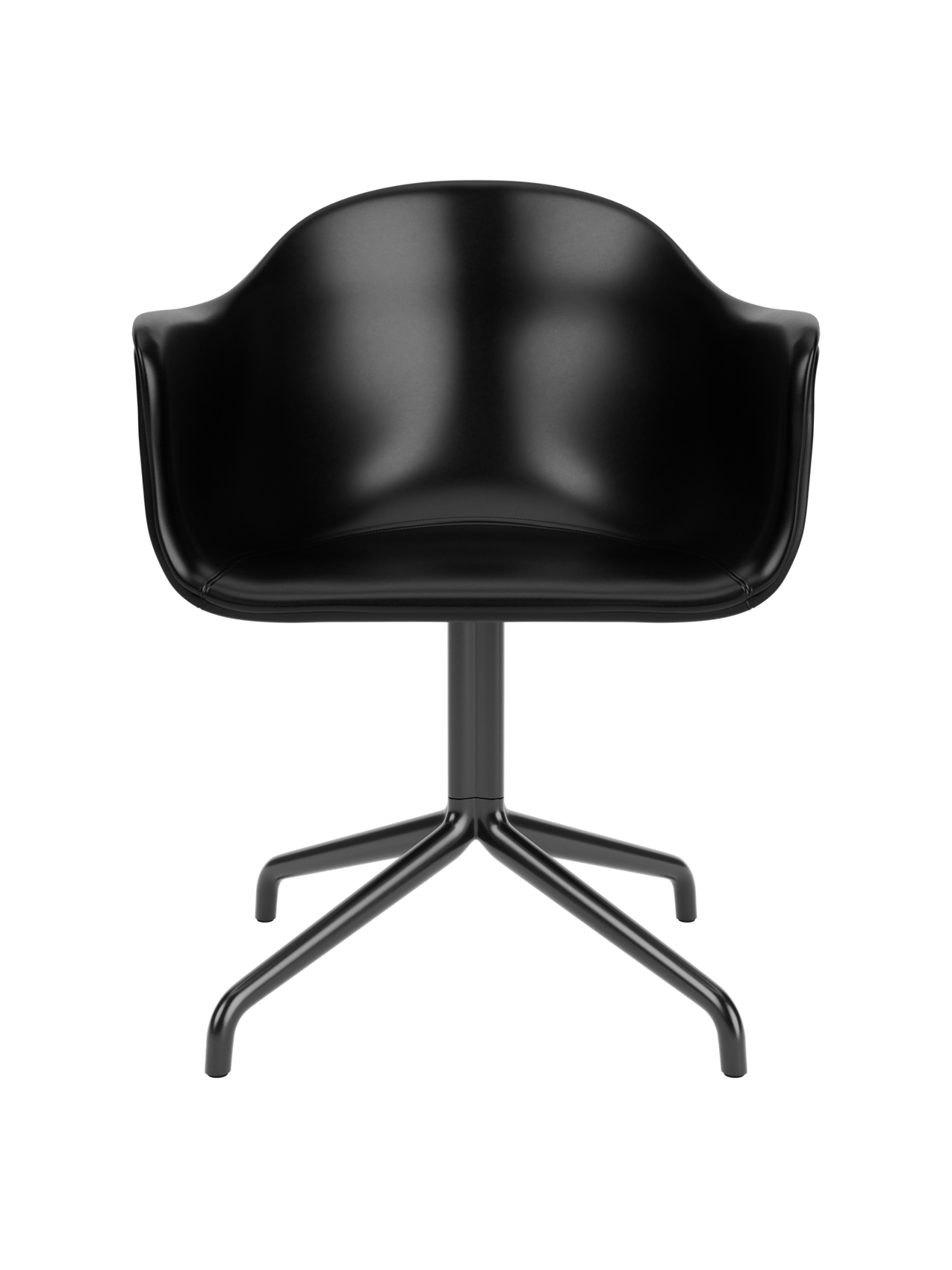 Harbour Dining Chair featuring black leather upholstery and a powder-coated black star swivel base.