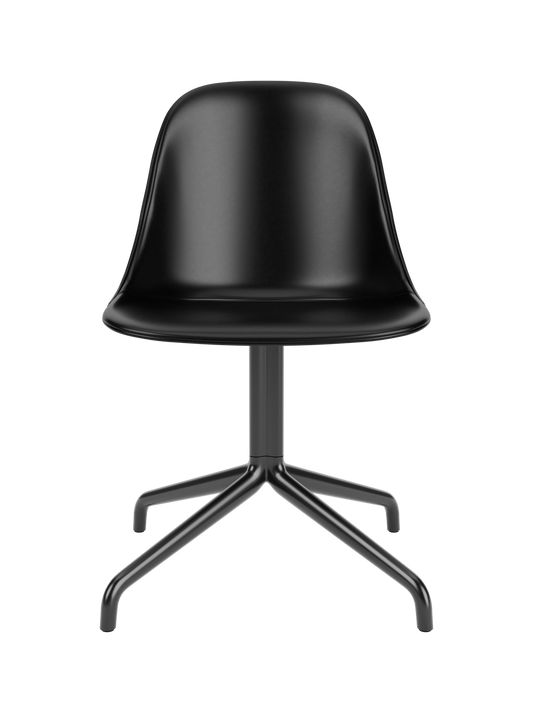 Harbour Side Dining Chair in black Dakar leather with a matching powder-coated aluminum star swivel base.