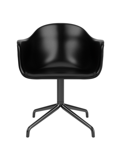 Black leather Harbour Dining Chair with a powder-coated black star swivel base, isolated on a white background.
