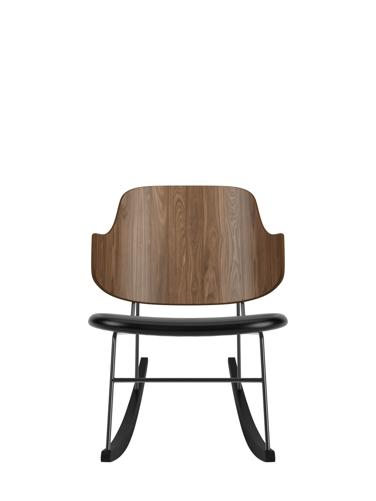 The Penguin Rocking Chair with a curved walnut back, black leather upholstered seat and a minimalist black steel frame.
