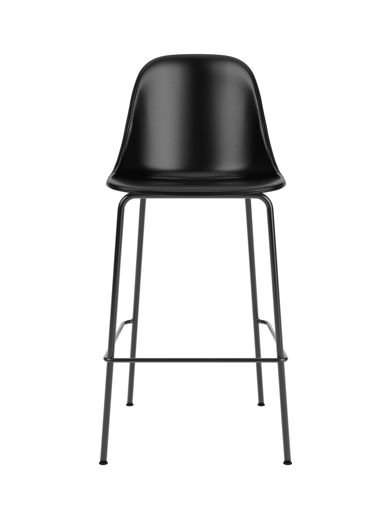 Black upholstered Harbour Side Bar Chair with a curved shell and slim black steel legs with a footrest.