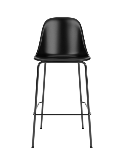 Black upholstered Harbour Side Bar Chair with a curved shell and slim black steel legs with a footrest.
