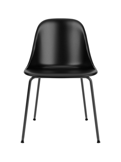 Harbour Side Dining Chair in black Dakar leather with a minimalist black steel base, perfect for modern dining rooms.