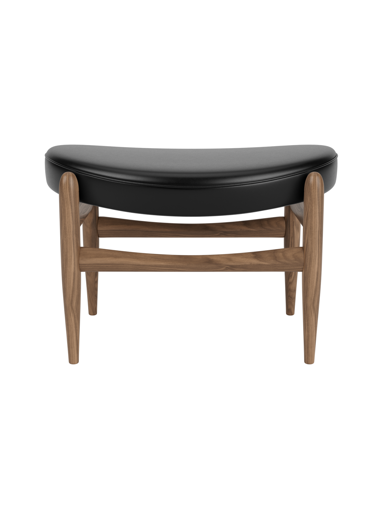 Elizabeth Ottoman featuring a curved black leather seat and an elegant walnut frame by Ib Kofod-Larsen.