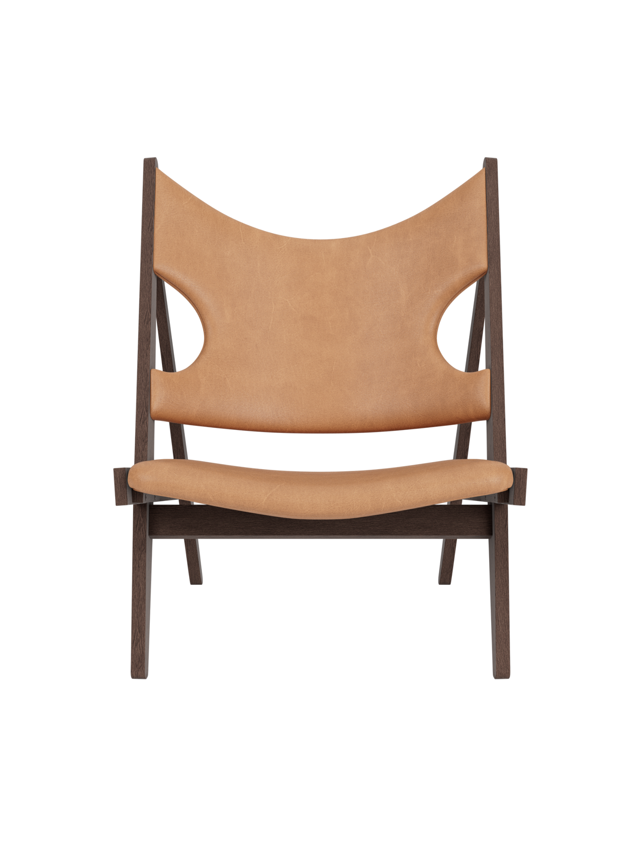 Knitting Lounge Chair in dark stained oak and Dunes Camel leather featuring signature ergonomic elbow cut-outs.