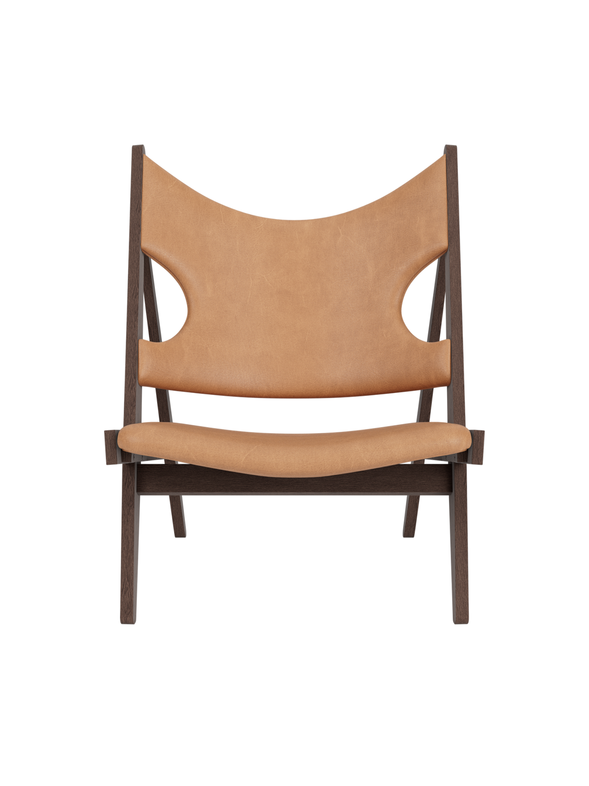 Knitting Lounge Chair in dark stained oak and Dunes Camel leather featuring signature ergonomic elbow cut-outs.