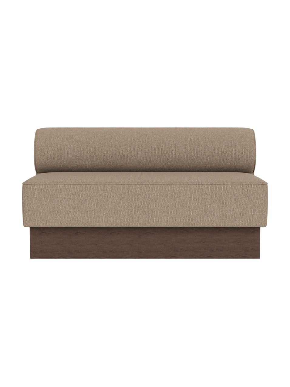 The Eave Dining Sofa, Plateau upholstered in Logan Flint fabric with a dark stained oak base, viewed from the front.