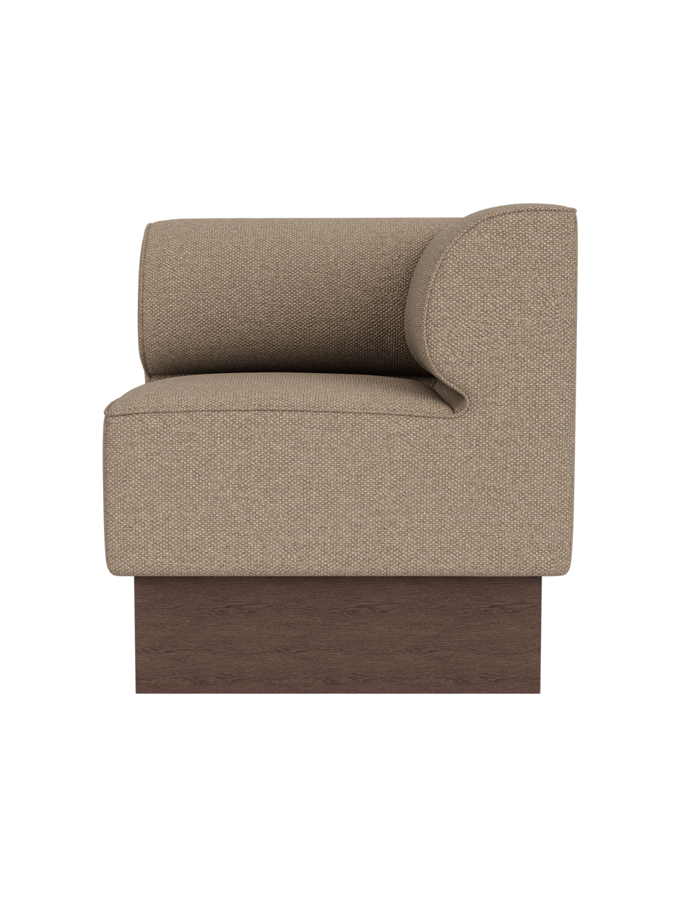 The Eave Dining Sofa, Plateau corner module upholstered in Logan Flint fabric with a dark stained oak base.