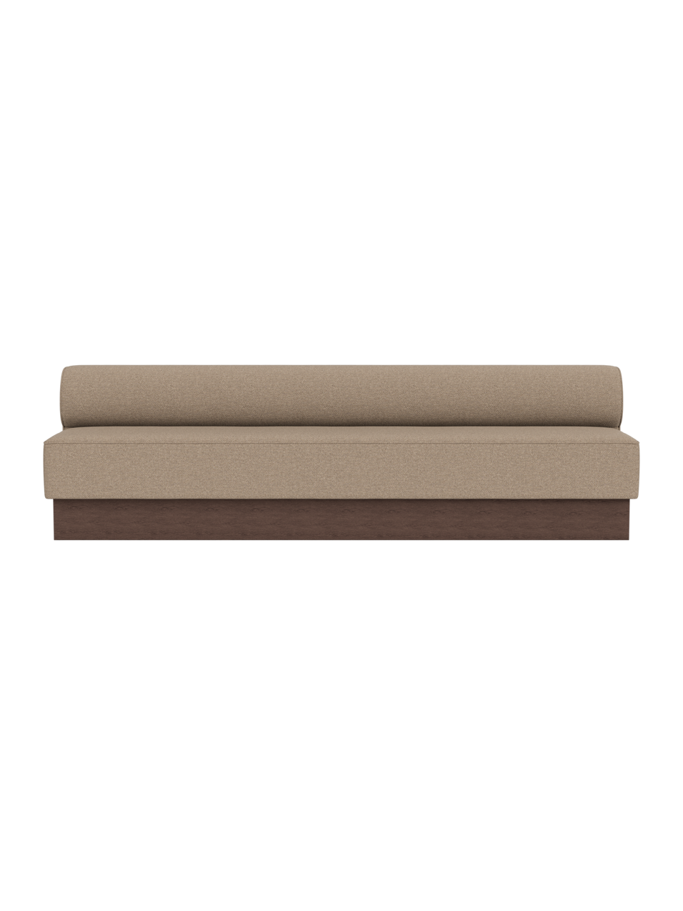 Eave Dining Sofa, Plateau in Logan Flint with a dark stained oak base, shown from the front.