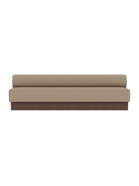 Eave Dining Sofa, Plateau in Logan Flint with a dark stained oak base, shown from the front.