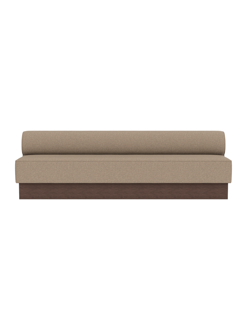 Eave Dining Sofa, Plateau in Logan Flint upholstery with dark stained oak base, shown from a front view.