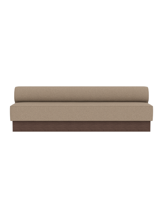 Eave Dining Sofa, Plateau in Logan Flint upholstery with dark stained oak base, shown from a front view.