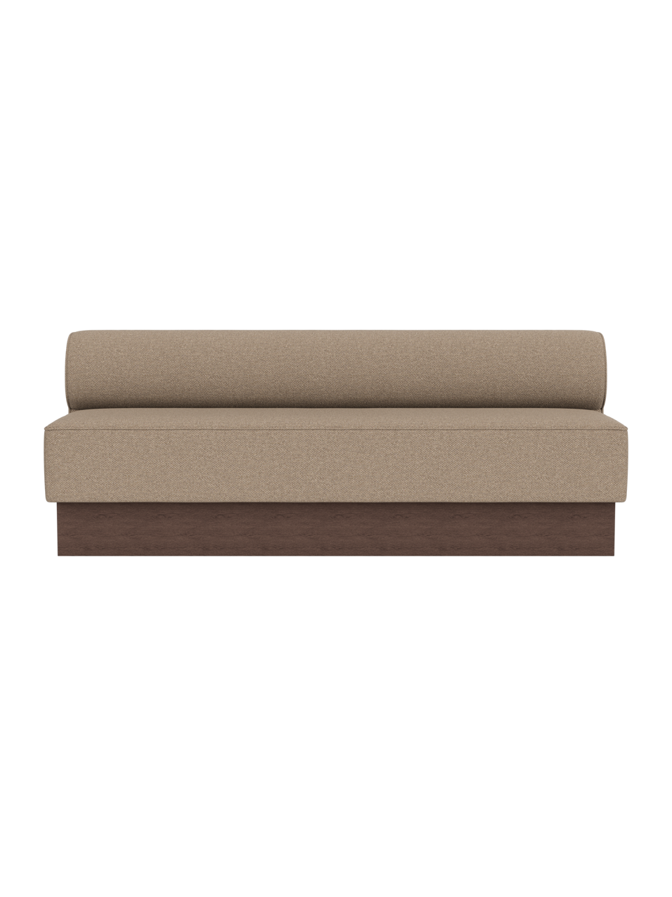 Eave Dining Sofa, Plateau in Logan Flint upholstery with a dark stained oak base, viewed from the front.