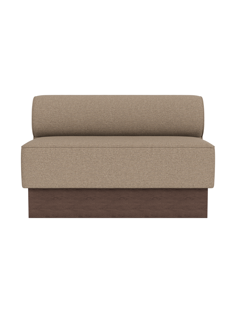 Eave Dining Sofa, Plateau in Logan Flint upholstery with a dark stained oak base, viewed from the front.