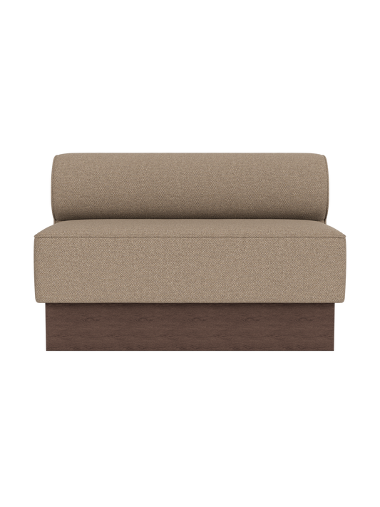 Eave Dining Sofa, Plateau in Logan Flint upholstery with a dark stained oak base, viewed from the front.