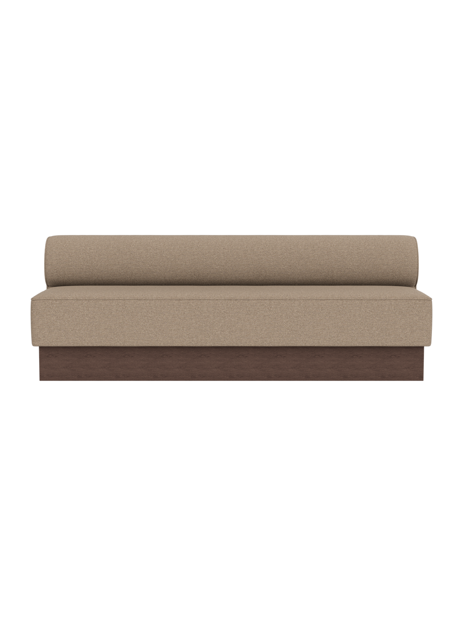 The Eave Dining Sofa, Plateau in Logan Flint upholstery featuring a dark stained oak base, viewed from the front.