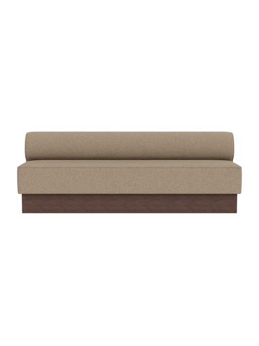 The Eave Dining Sofa, Plateau in Logan Flint upholstery featuring a dark stained oak base, viewed from the front.