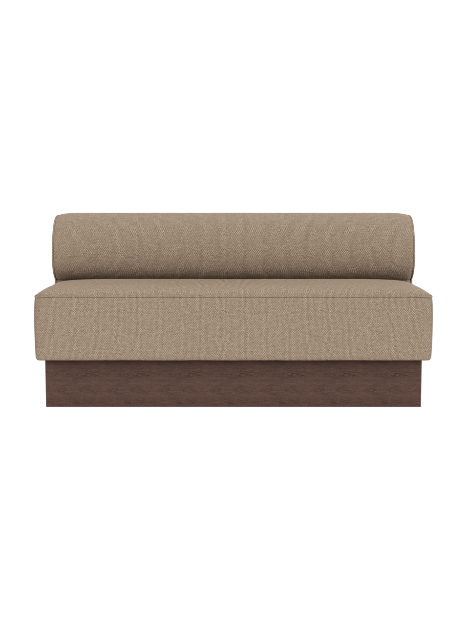 The Eave Dining Sofa upholstered in Logan Flint fabric, featuring dark stained oak details shown on a solid black background.