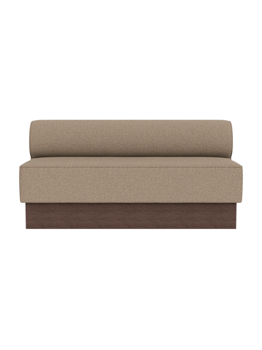 The Eave Dining Sofa upholstered in Logan Flint fabric, featuring dark stained oak details shown on a solid black background.