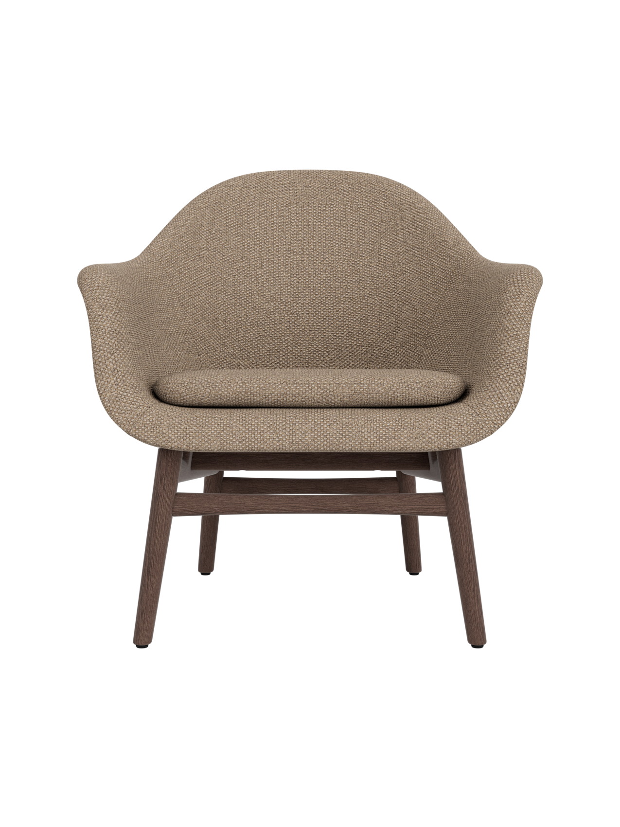 Harbour Lounge Chair upholstered in Logan Flint with a dark stained oak frame and sculptural curved armrests.
