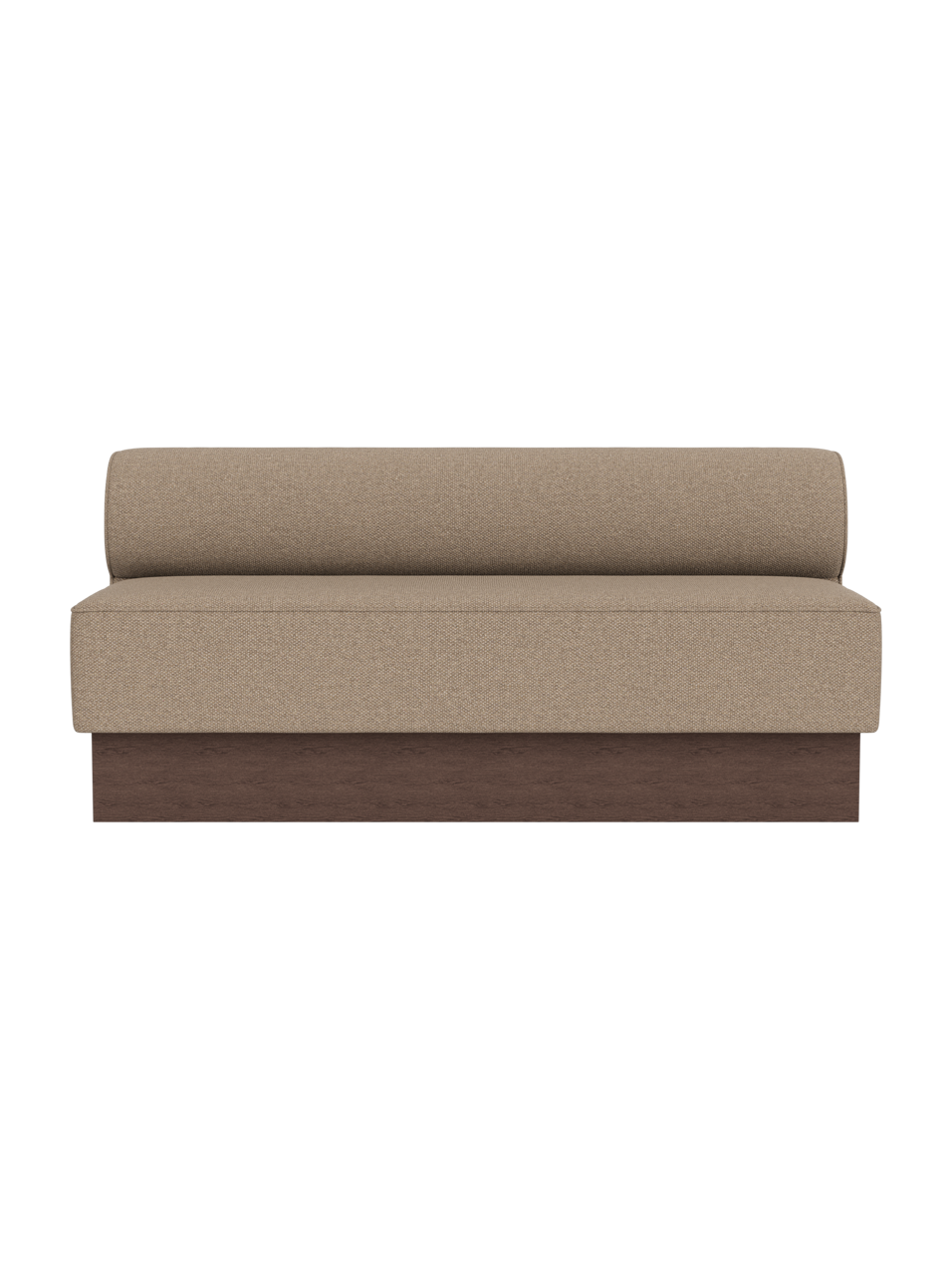 Eave Dining Sofa in Logan Flint upholstery with a dark stained oak base, shown from a front angle against a black background.