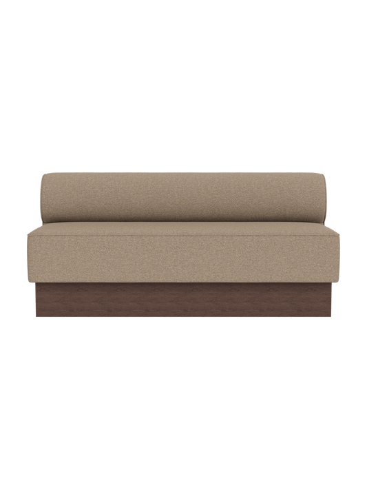 Eave Dining Sofa in Logan Flint upholstery with a dark stained oak base, shown from a front angle against a black background.